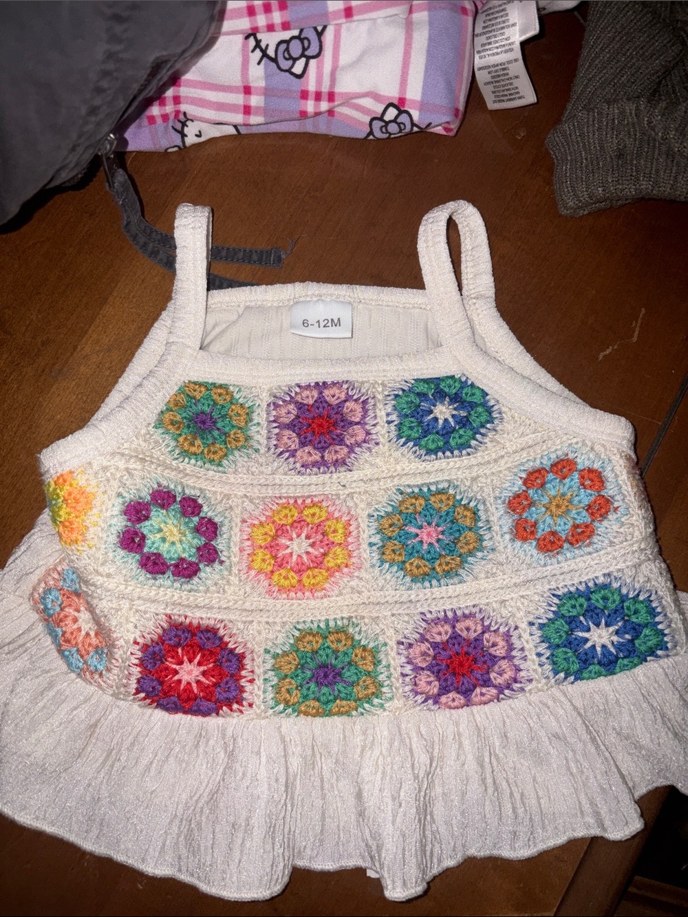 Toddler Crochet Patchwork Tank Dress - White with Multicolor Accents 6-12m